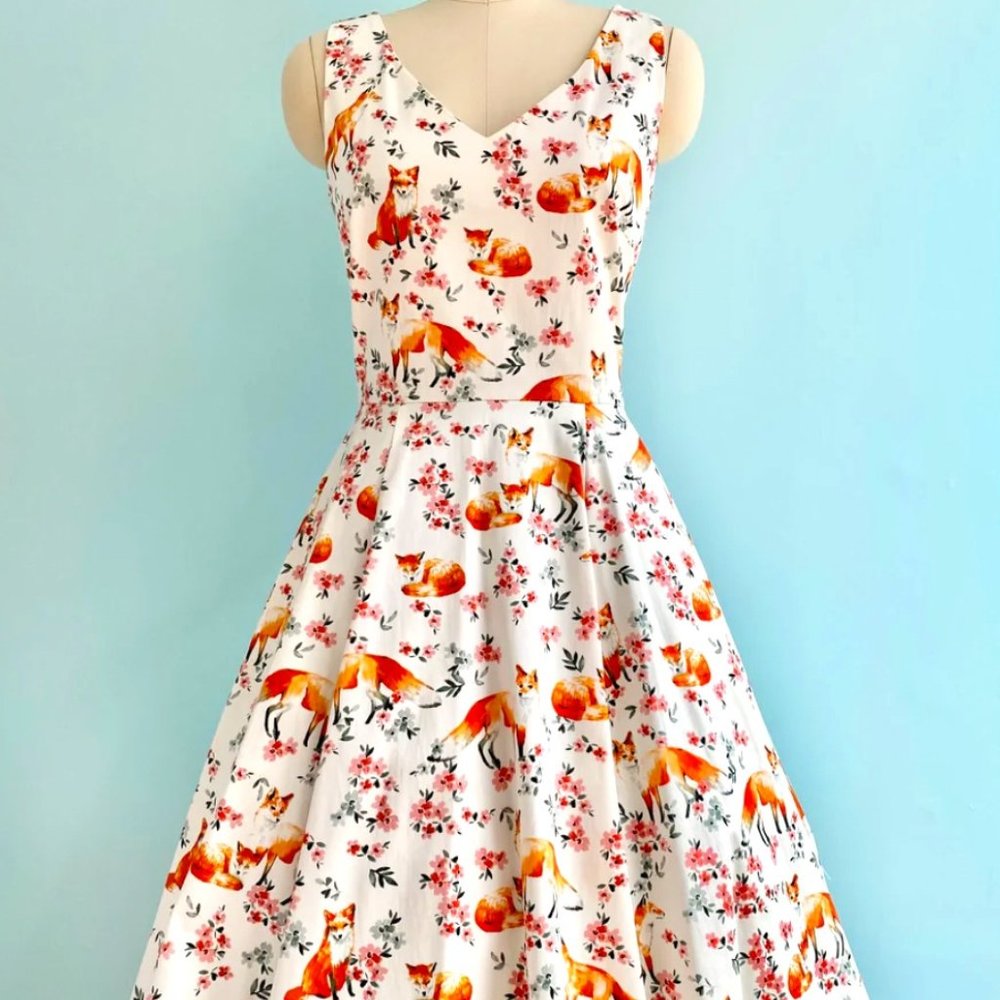 Fox and Floral V-Neck Dress L